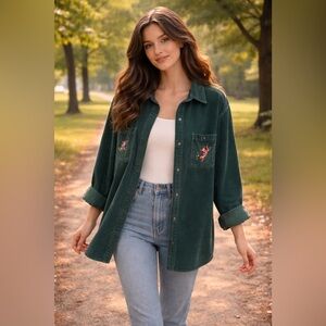 Vintage 90s Pooh Size L Disney Tiger Piglet Thick Green Corduroy Shirt Shacket